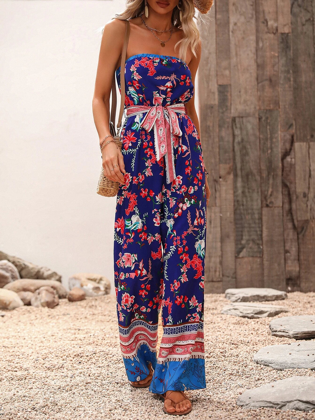 Floral Pattern Belted Tube Jumpsuit