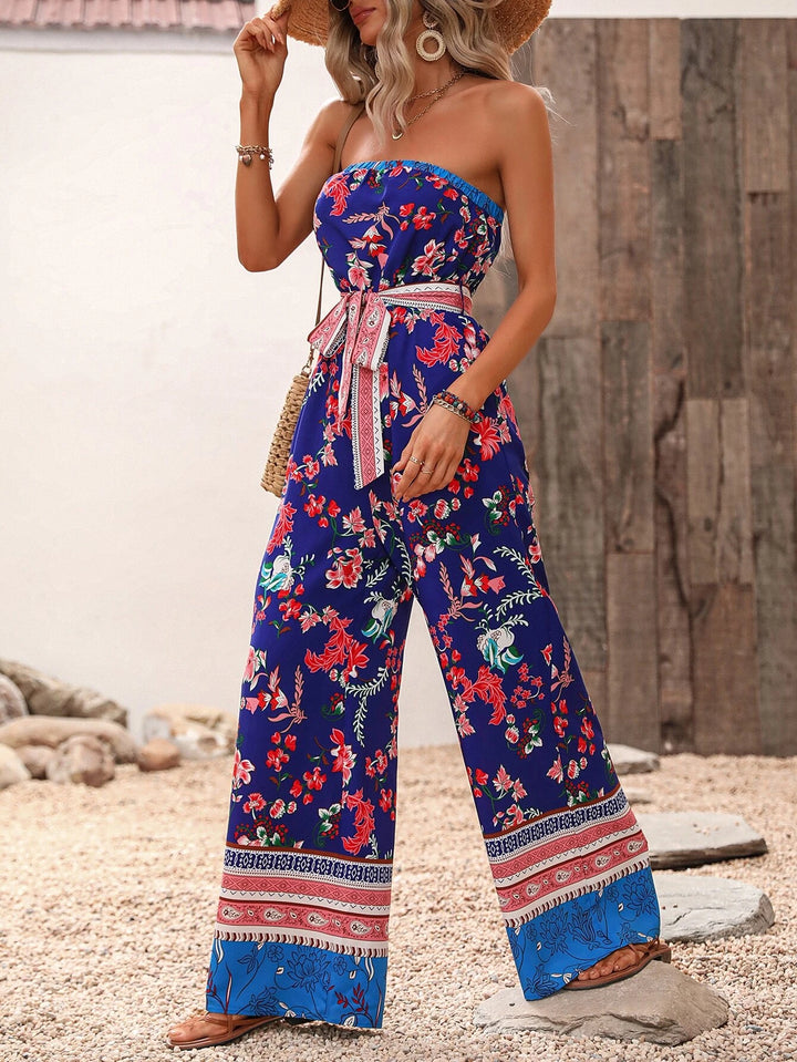 Floral Pattern Belted Tube Jumpsuit