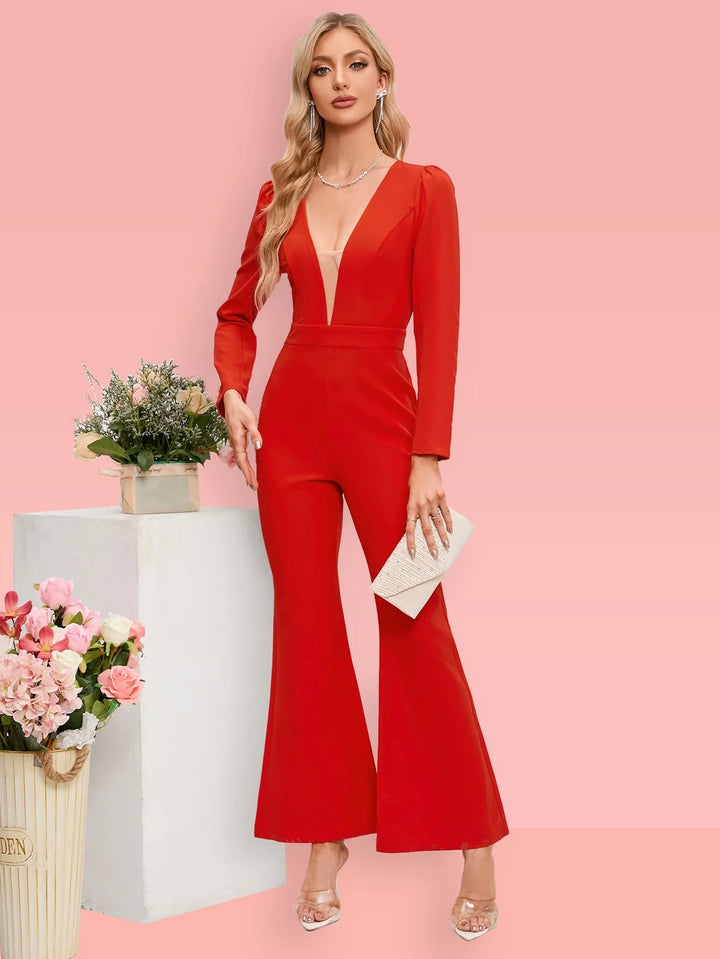 Plunging Neck Flare Leg Jumpsuit