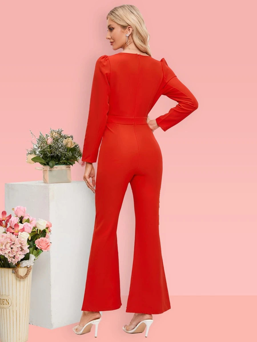 Plunging Neck Flare Leg Jumpsuit