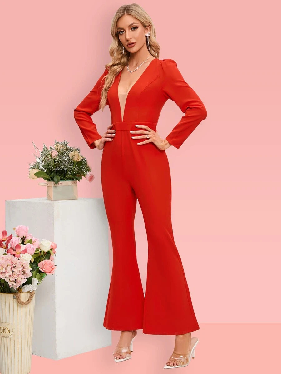 Plunging Neck Flare Leg Jumpsuit