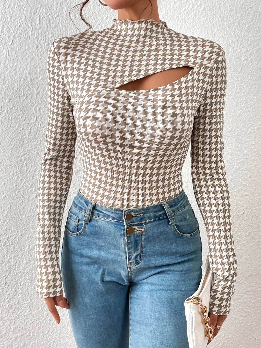 Houndstooth Print Front Mock Neck Bodysuit