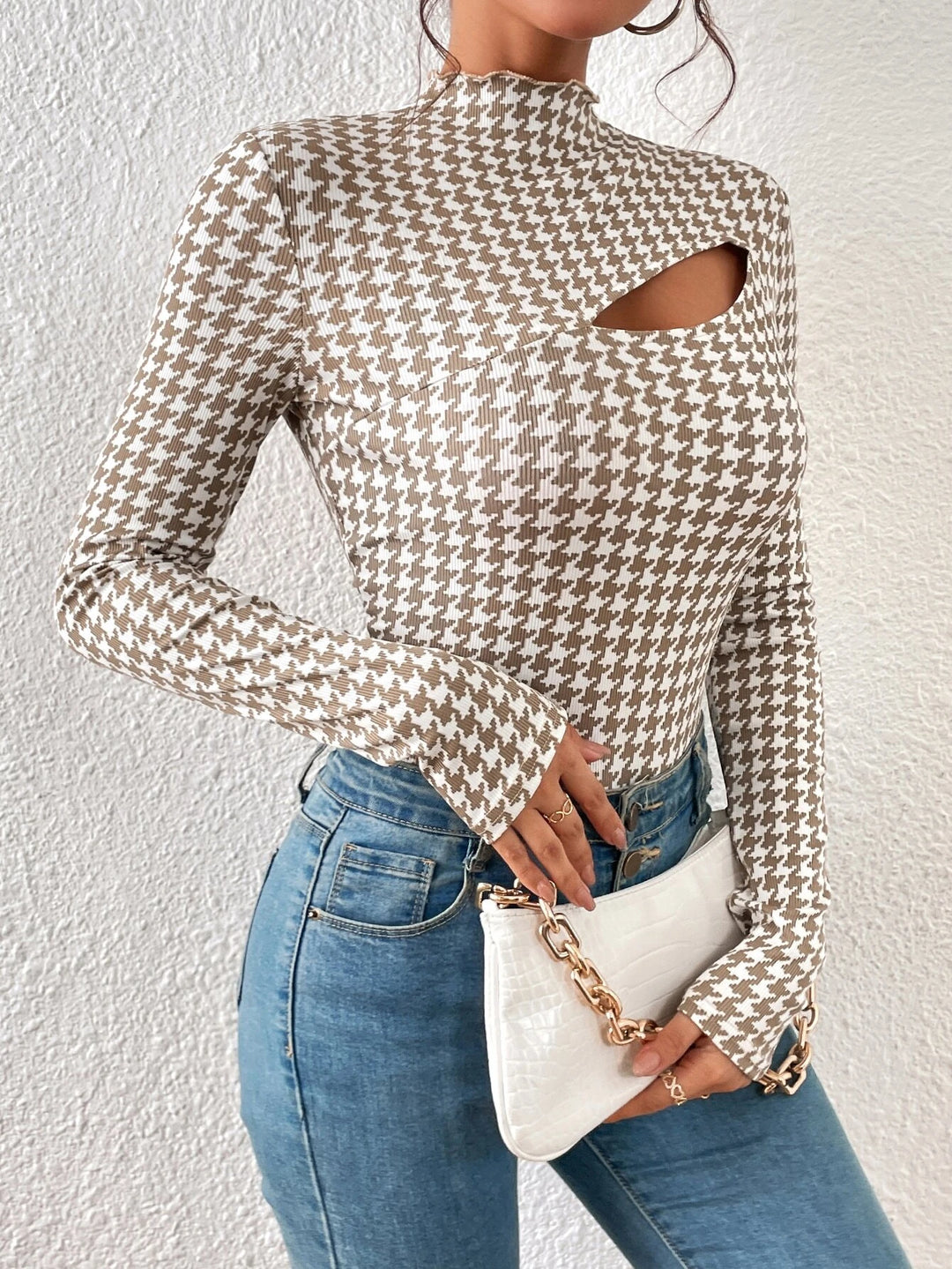 Houndstooth Print Front Mock Neck Bodysuit