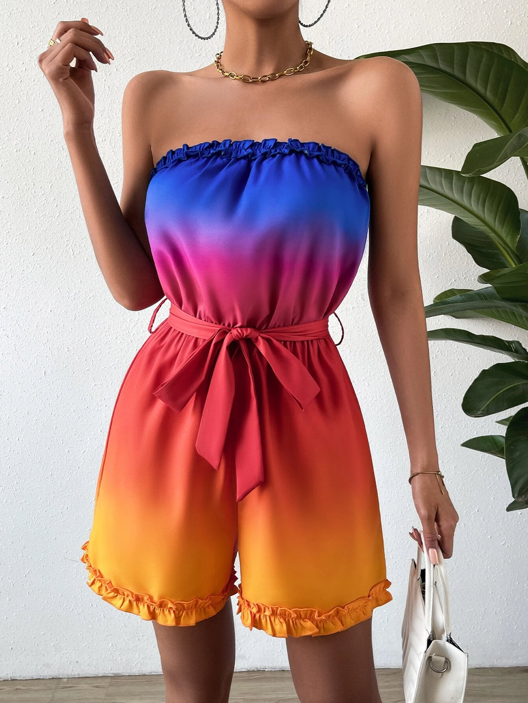 Ombre Frill Trim Belted Tube Romper