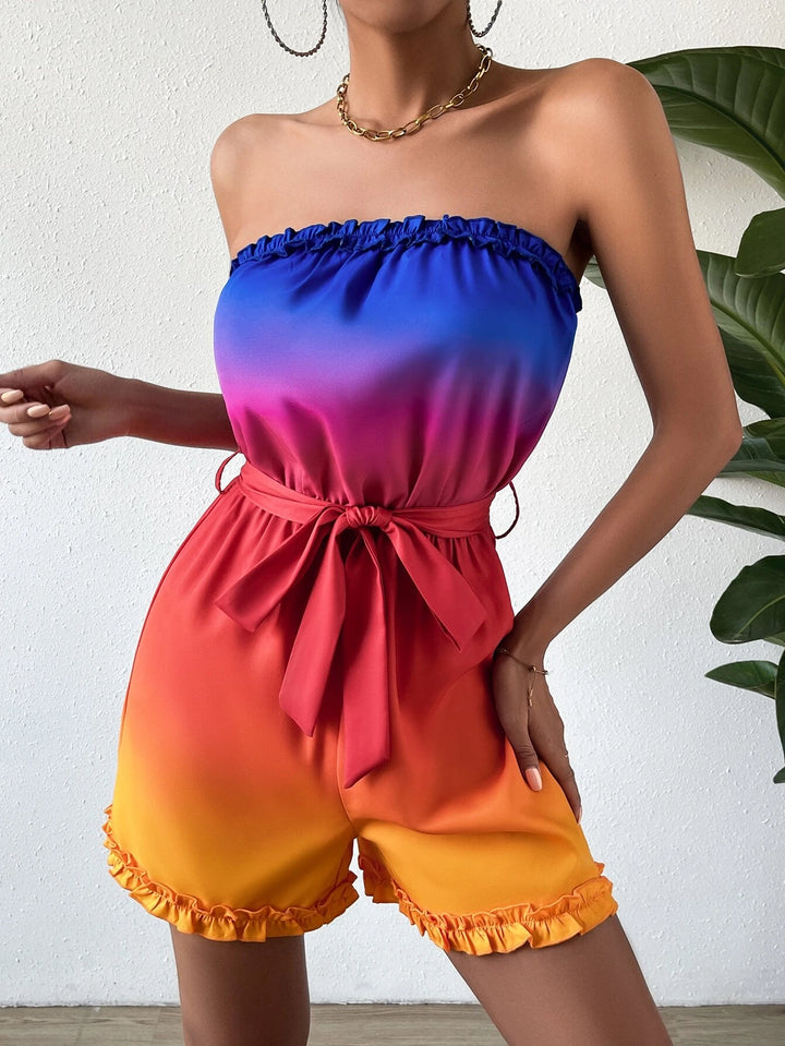 Ombre Frill Trim Belted Tube Romper