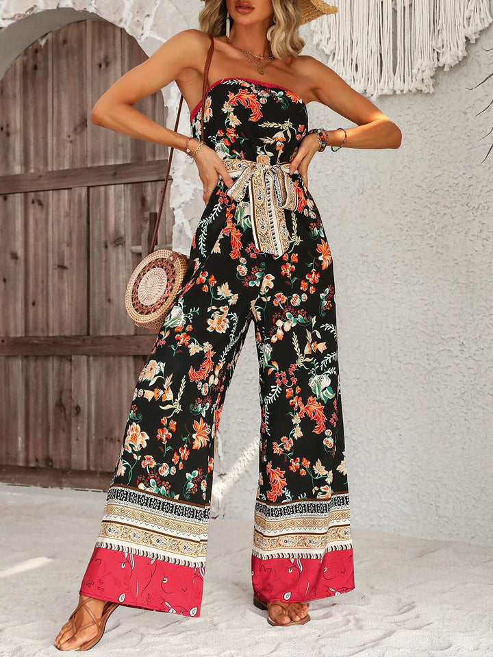 Floral Pattern Belted Tube Jumpsuit