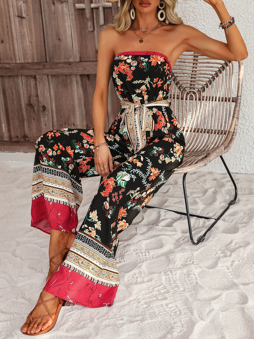 Floral Pattern Belted Tube Jumpsuit