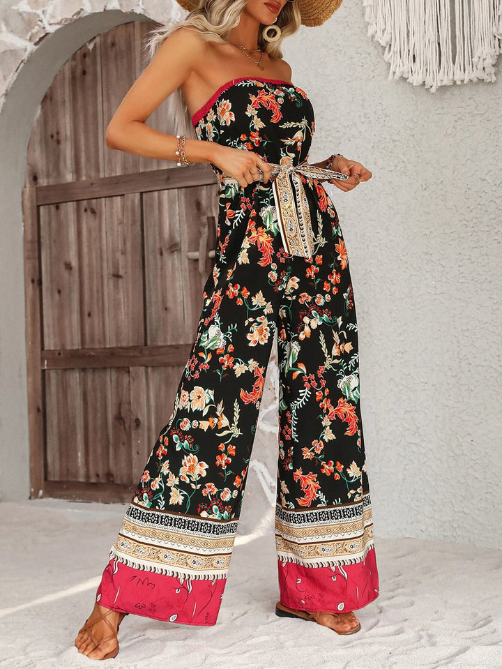 Floral Pattern Belted Tube Jumpsuit