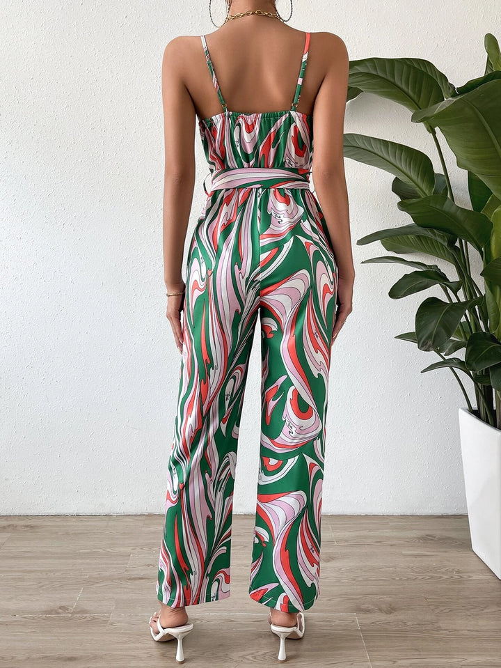 Allover Print Belted Cami Jumpsuit