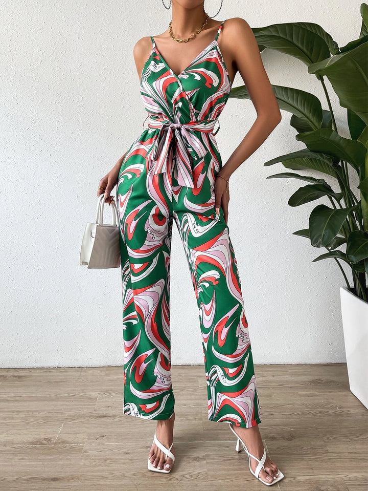 Allover Print Belted Cami Jumpsuit