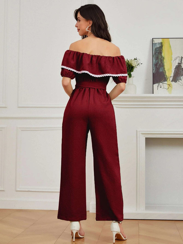 Ruffle Trim Belted Jumpsuit