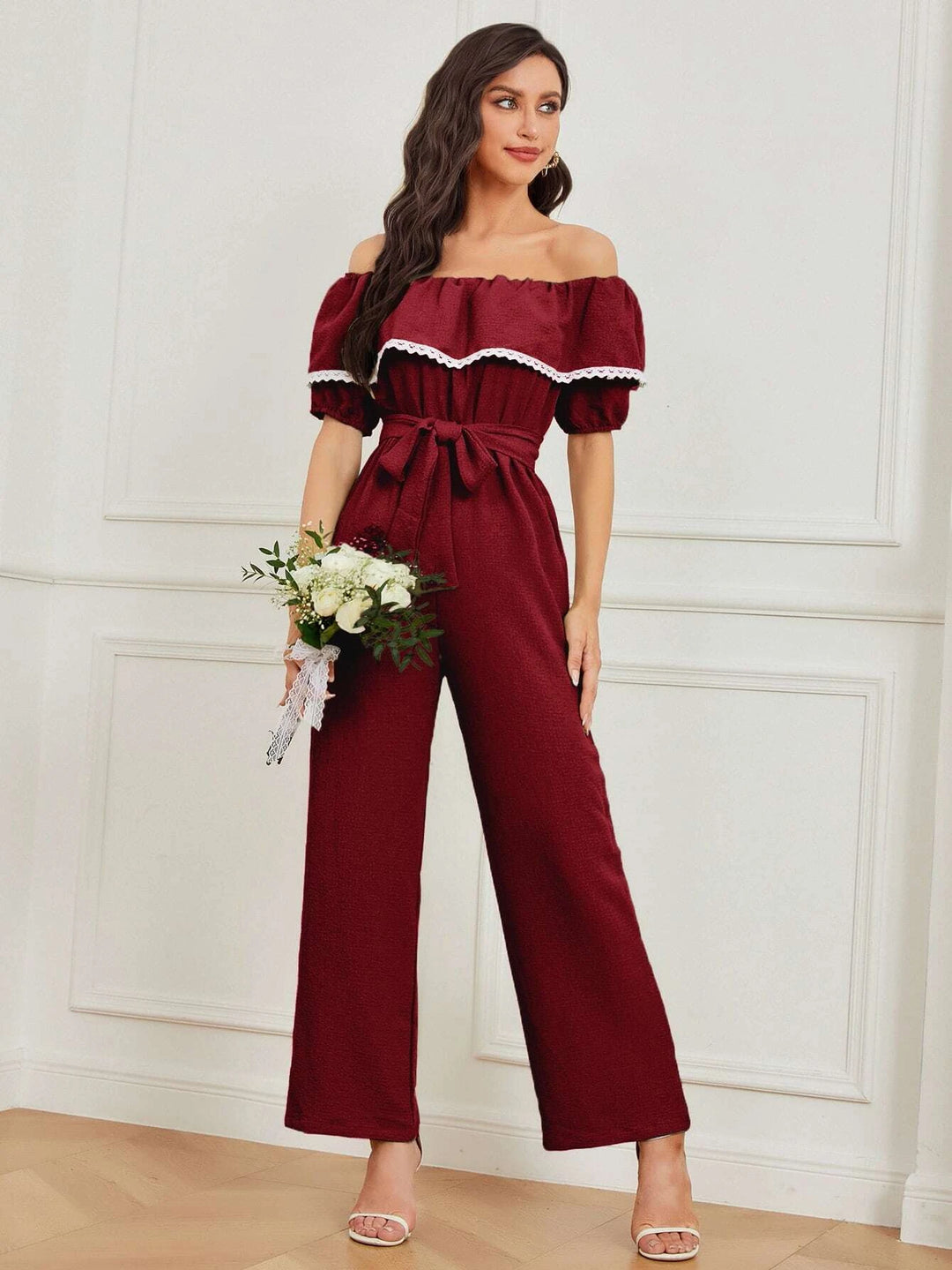 Ruffle Trim Belted Jumpsuit