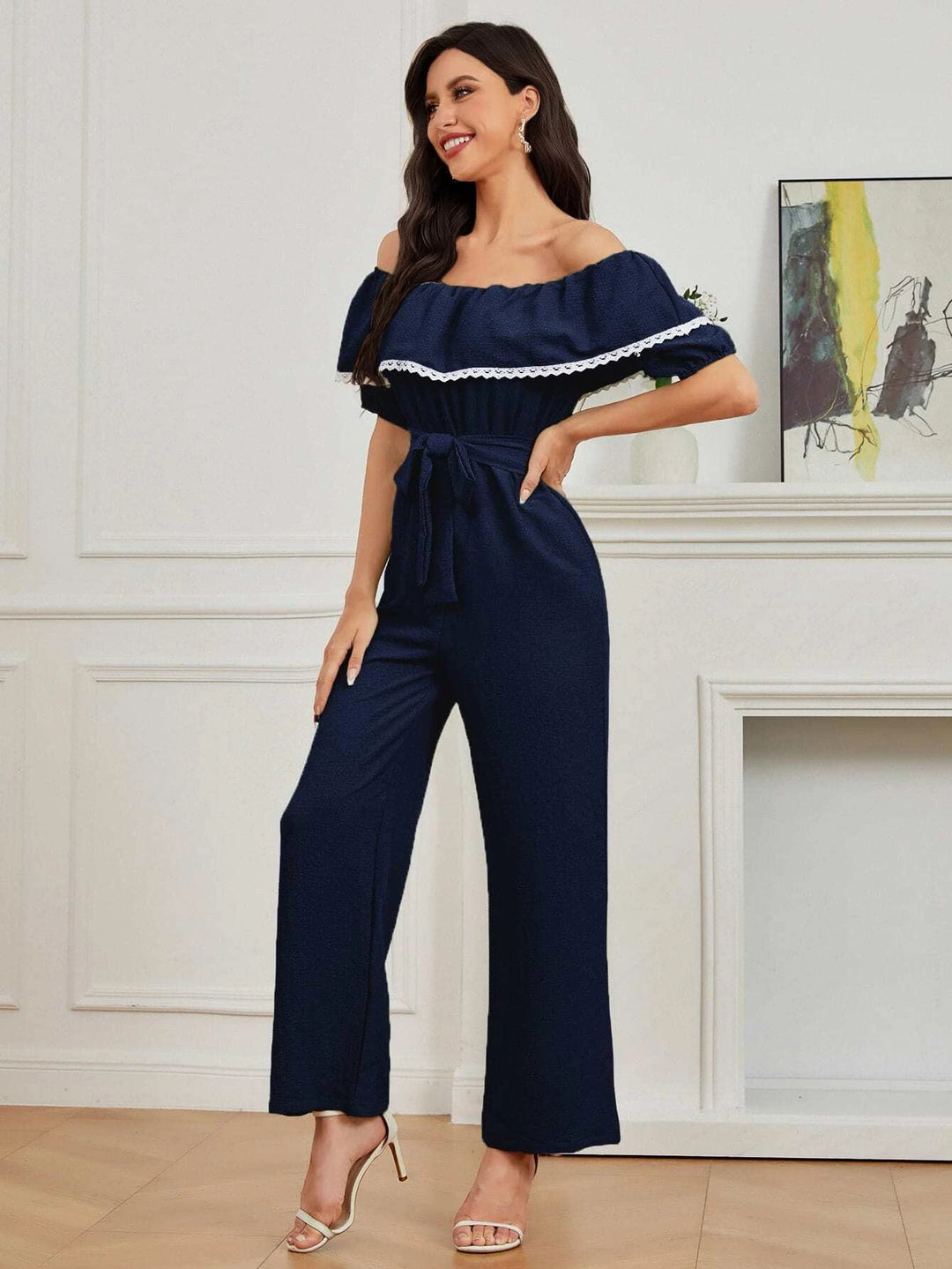 Ruffle Trim Belted Jumpsuit