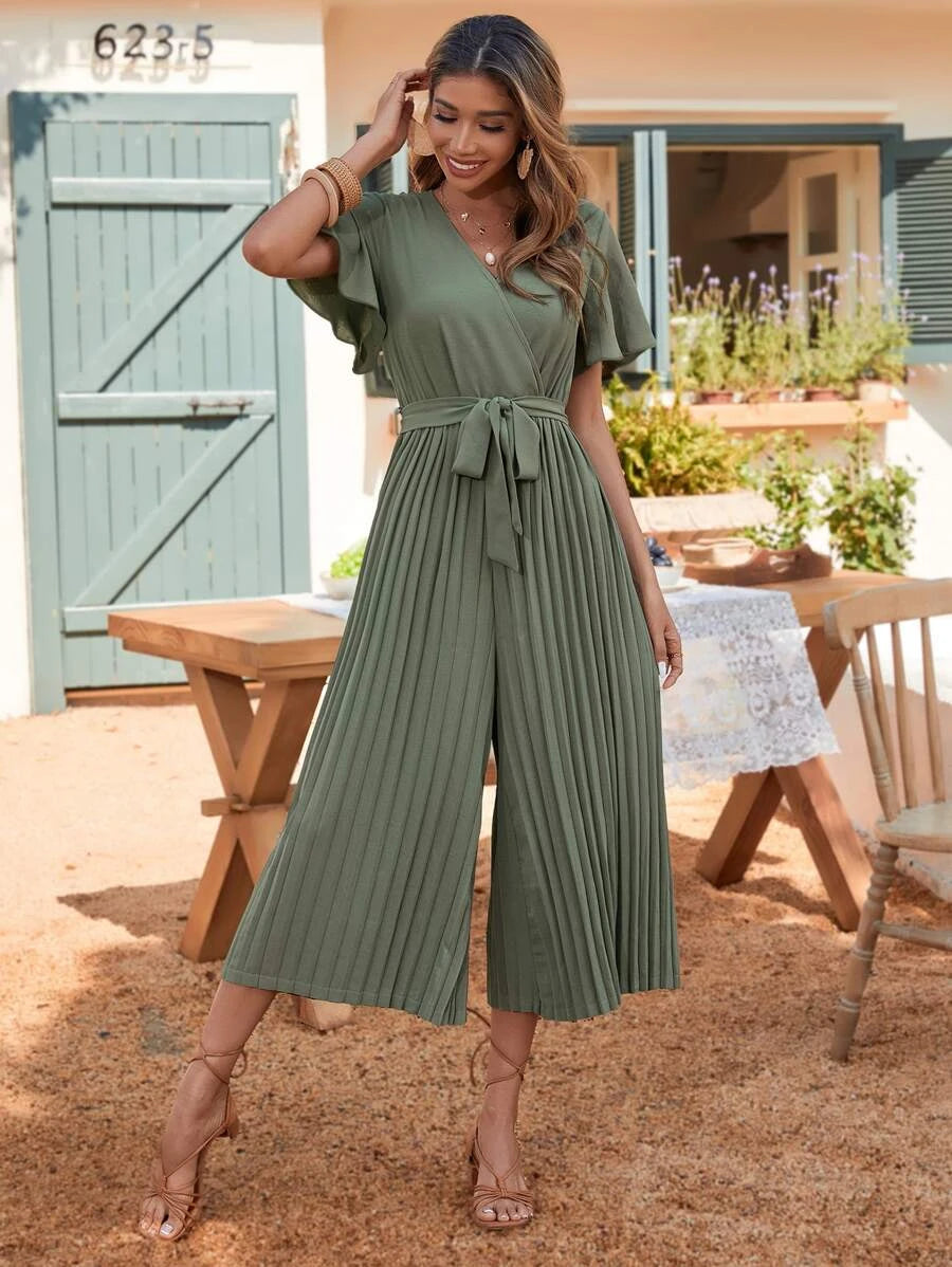 Butterfly Sleeve Pleated Belted Jumpsuit
