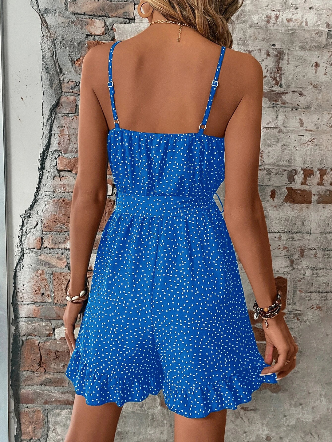 Dot Ruffle Hem Belted Cami Romper