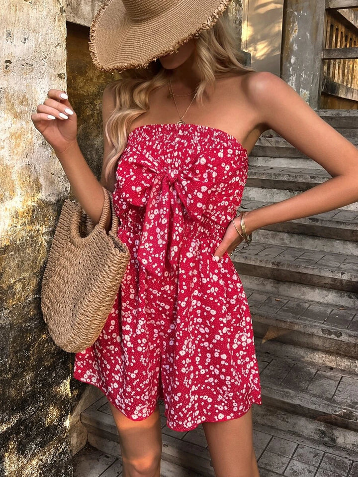 Floral Print Knot Front Tube Romper