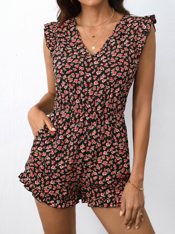 Floral Print Ruffle Trim Romper