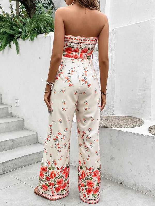 Floral Print Boho Belted Tube Jumpsuit