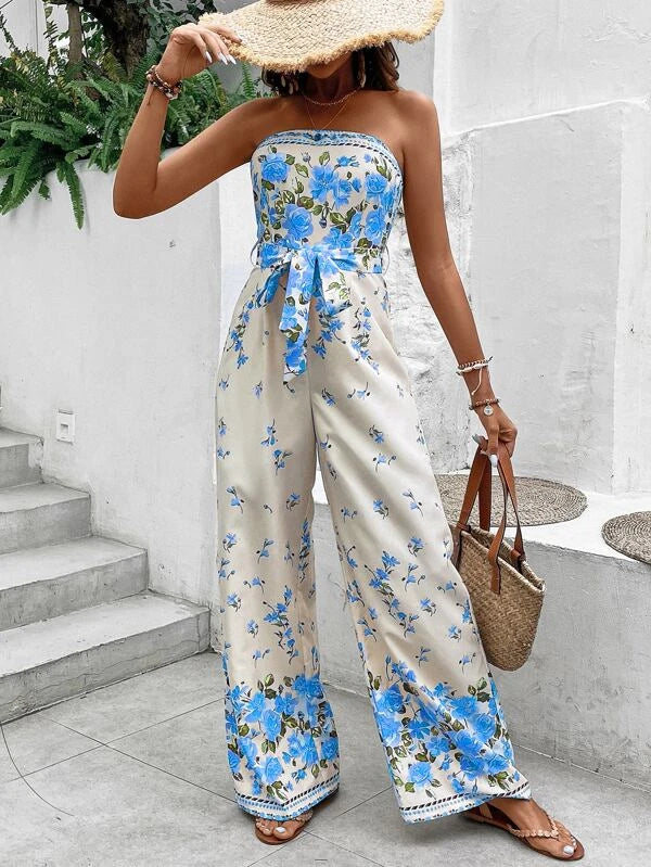 Floral Print Boho Belted Tube Jumpsuit