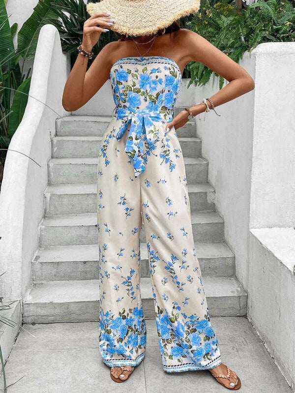 Floral Print Boho Belted Tube Jumpsuit