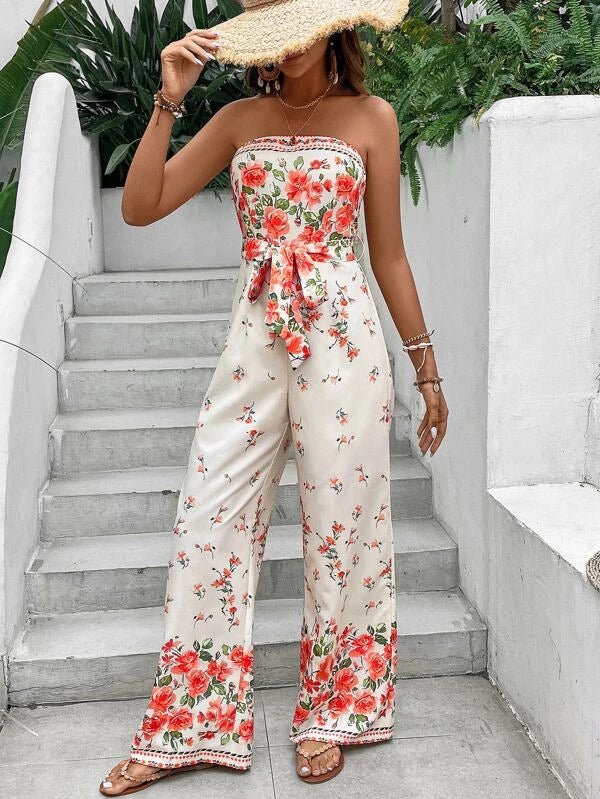 Floral Print Boho Belted Tube Jumpsuit