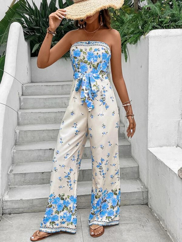 Floral Print Boho Belted Tube Jumpsuit