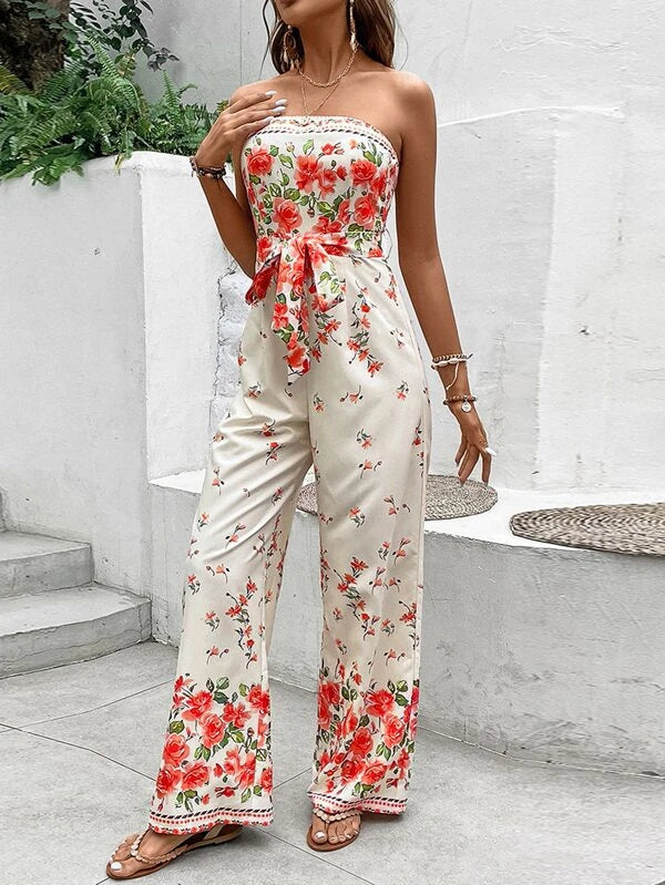 Floral Print Boho Belted Tube Jumpsuit