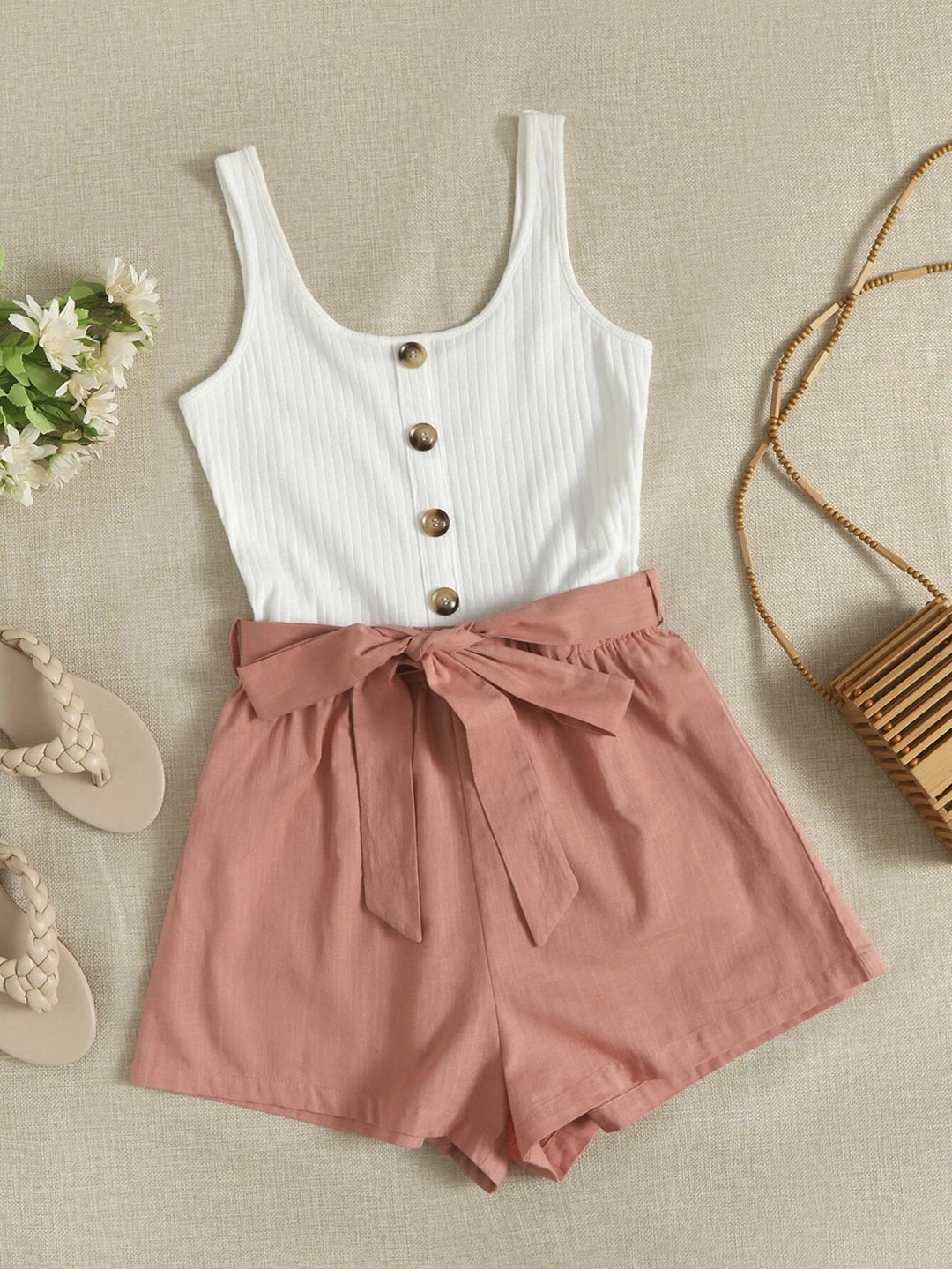 Button Front Belted Combo Tank Romper