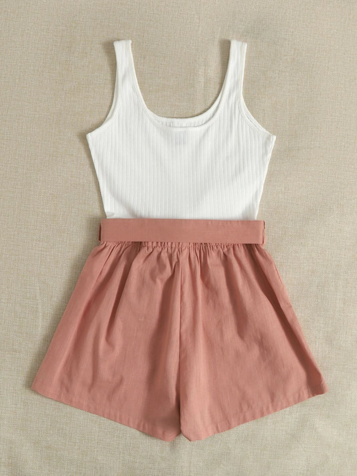 Button Front Belted Combo Tank Romper