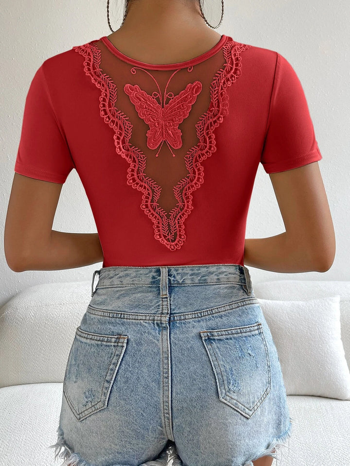 Butterfly Embroidery Contrast Lace Tee Bodysuit