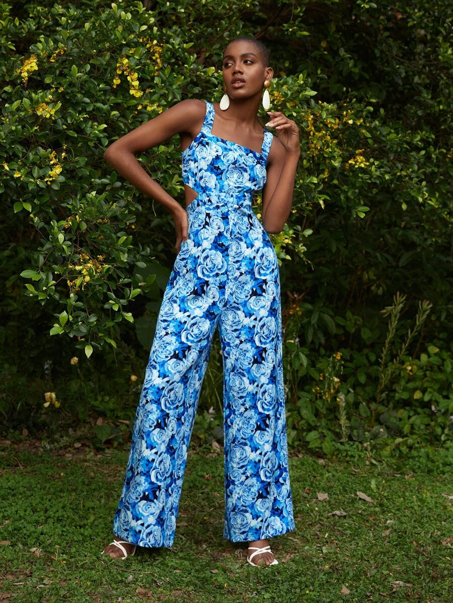 Floral Print Cut Out Waist Cami Jumpsuit