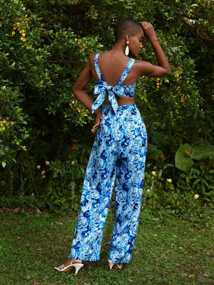 Floral Print Cut Out Waist Cami Jumpsuit