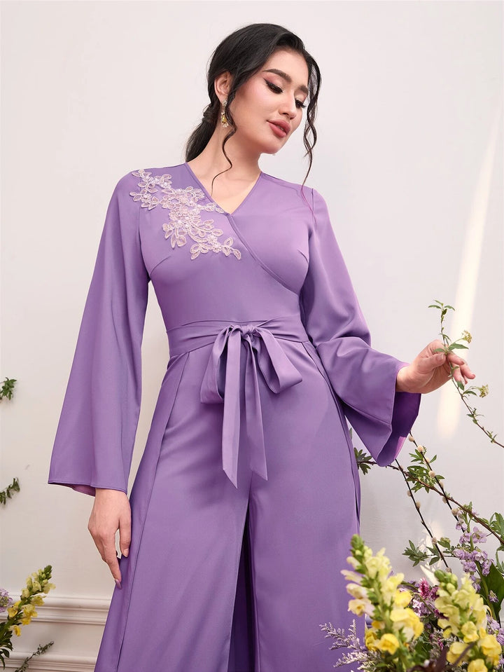 Floral Embroidery Belted Jumpsuit