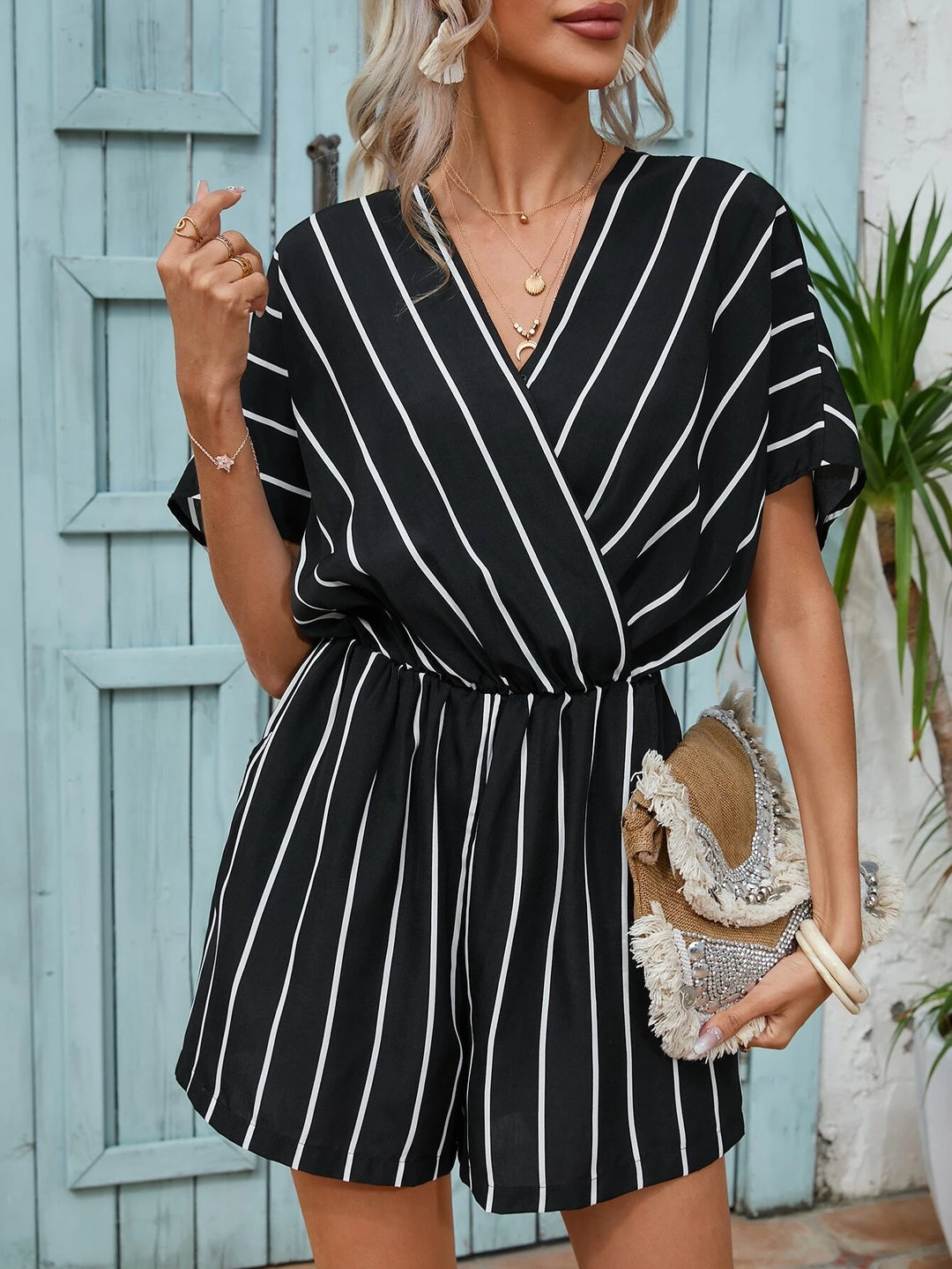 Striped Print Short Sleeve V Neck Romper