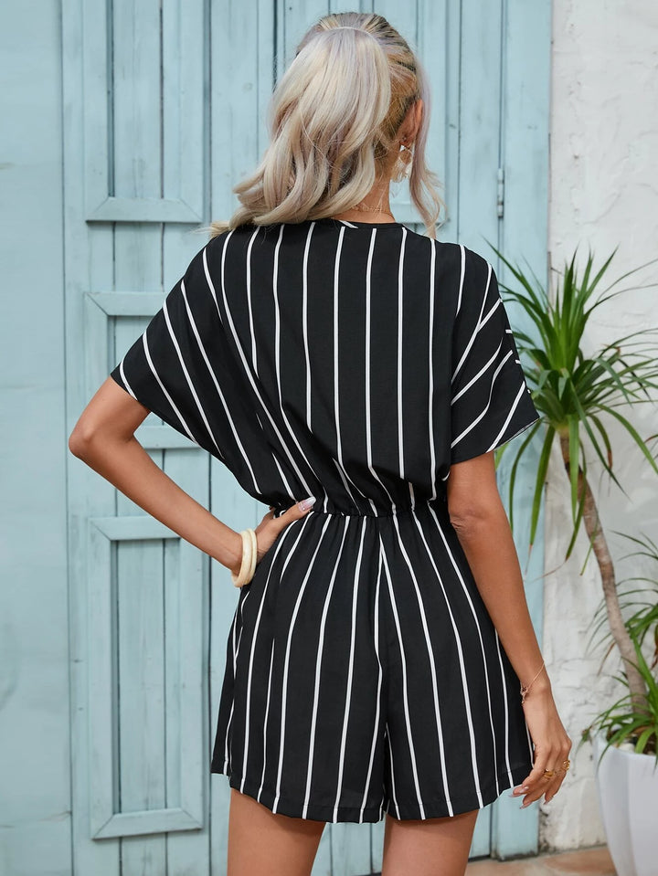 Striped Print Short Sleeve V Neck Romper