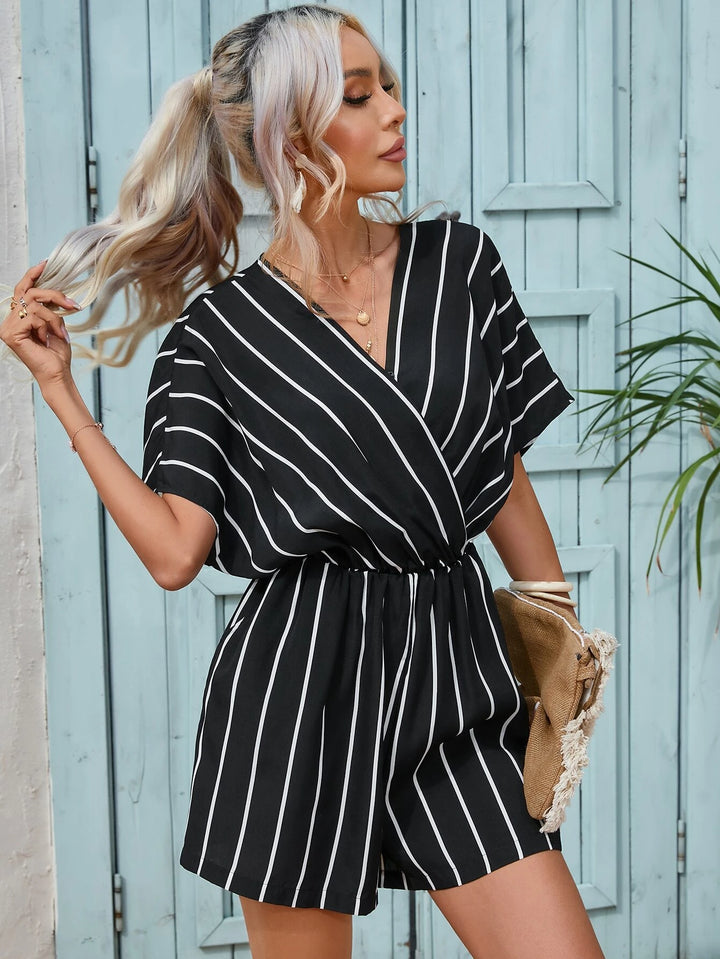 Striped Print Short Sleeve V Neck Romper