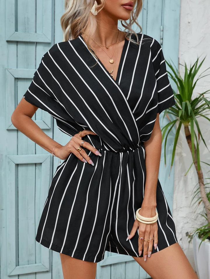 Striped Print Short Sleeve V Neck Romper