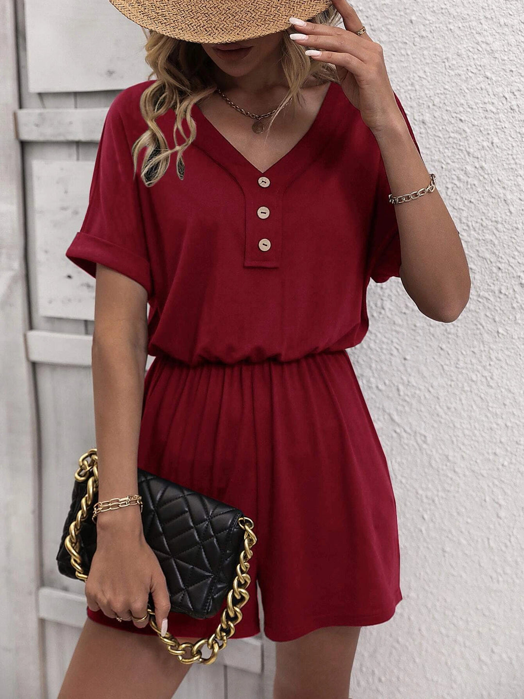 Solid Button Front Tee Romper