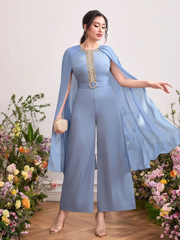 Sleeve Belted Wide Leg Jumpsuit