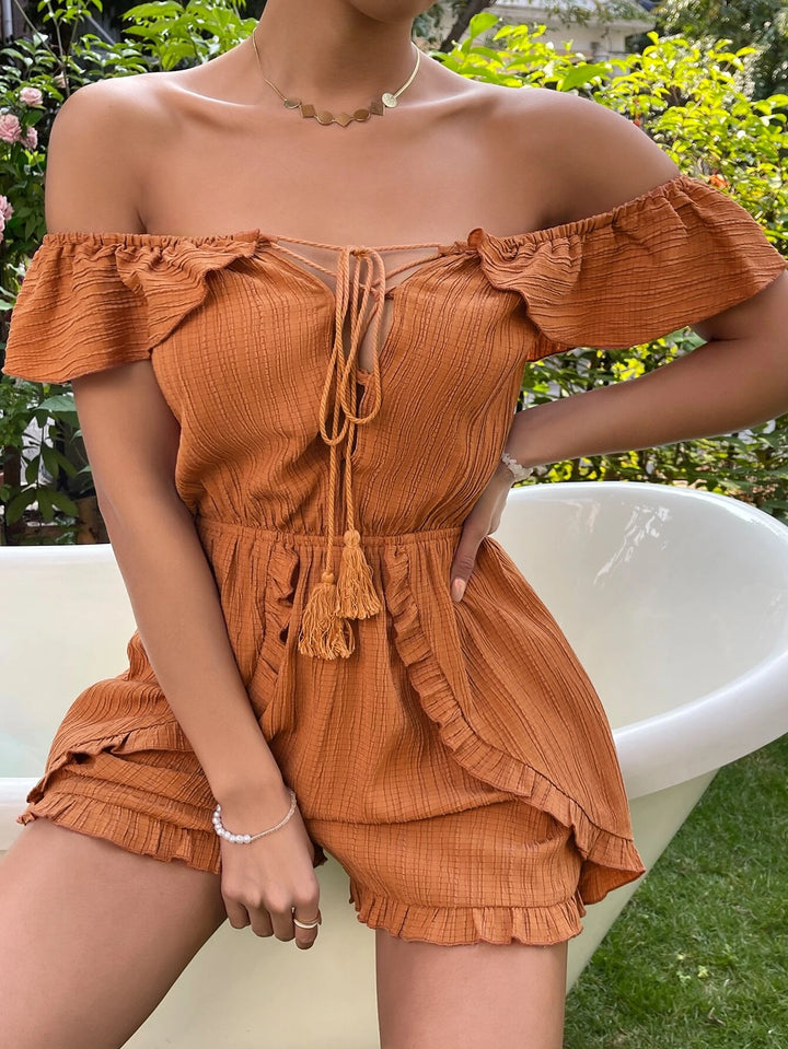 Off Shoulder Tassel Tie Front Frill Trim Romper