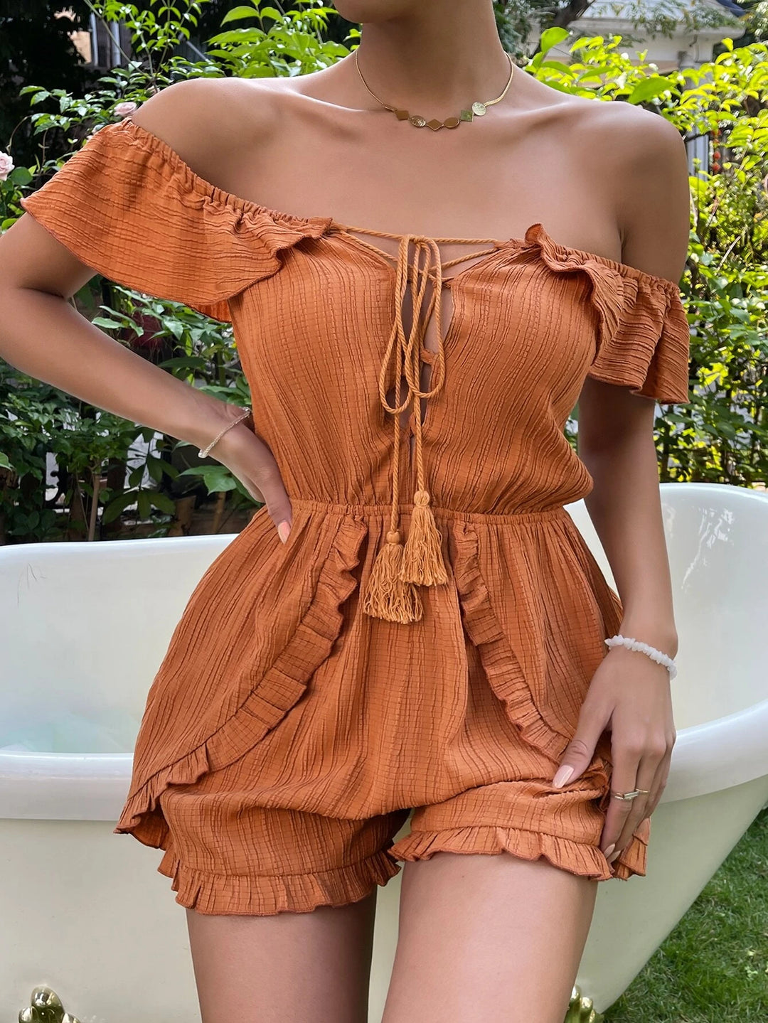 Off Shoulder Tassel Tie Front Frill Trim Romper