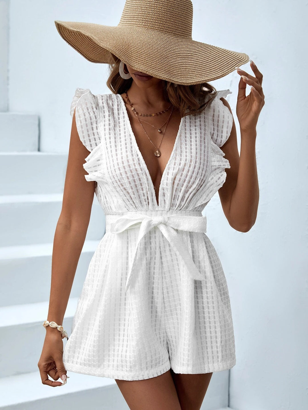 Ruffle Trim Belted Romper