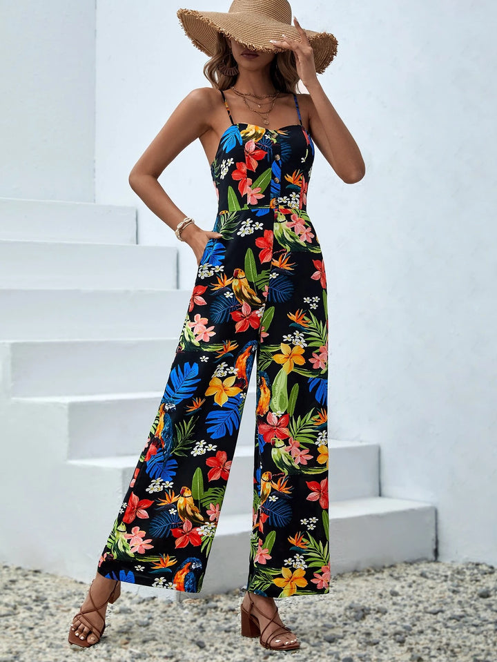 Tropical Print Slant Pocket Cami Jumpsuit