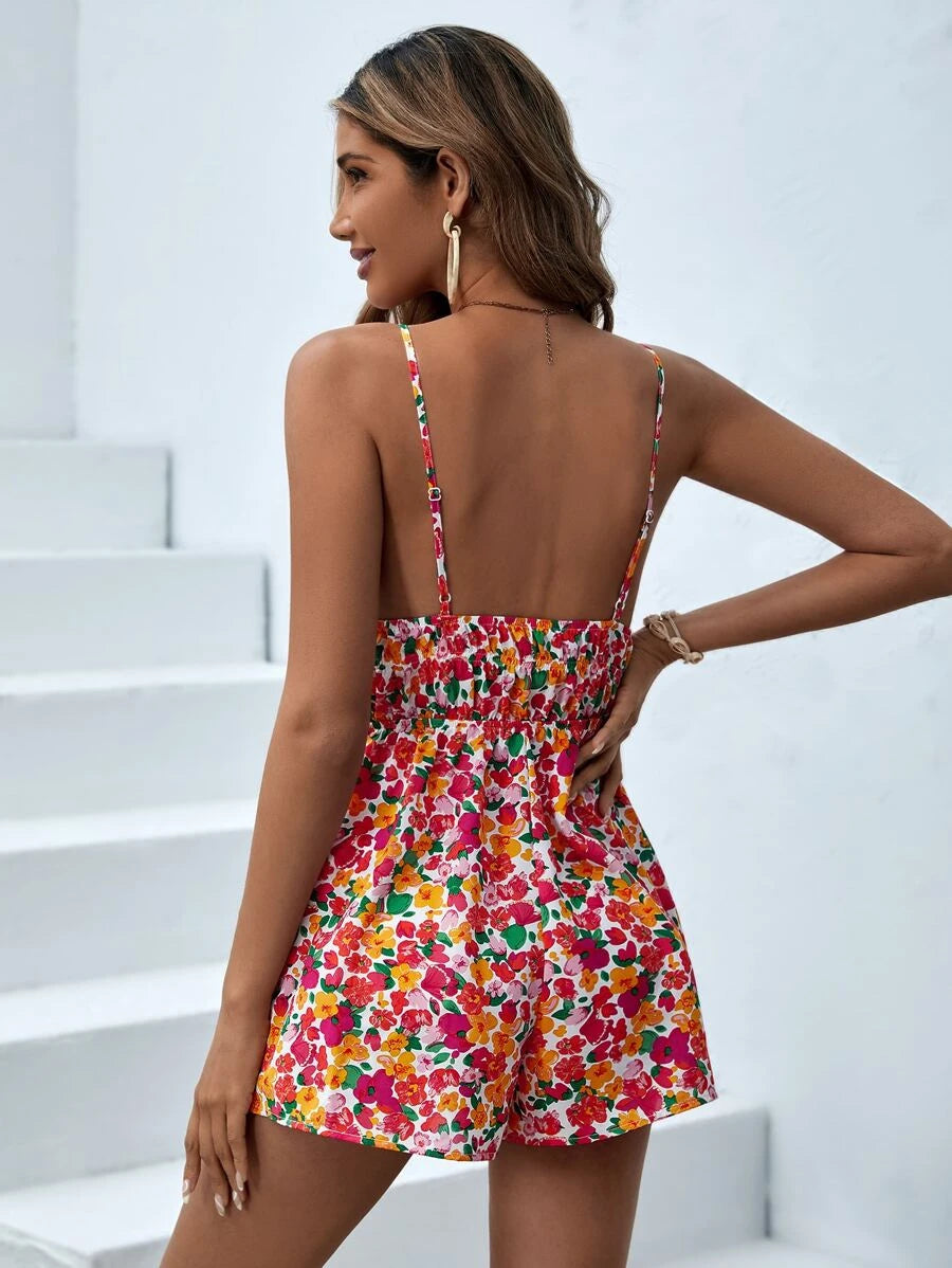 Floral Print Front Knot Cami Romper