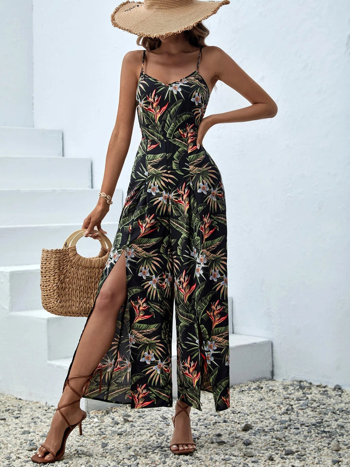Tropical Print Split Thigh Cami Jumpsuit