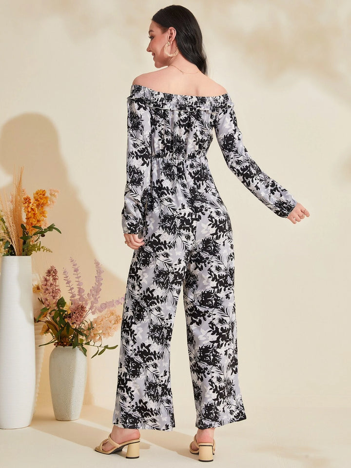 Floral Print Off Shoulder Lantern Sleeve Jumpsuit