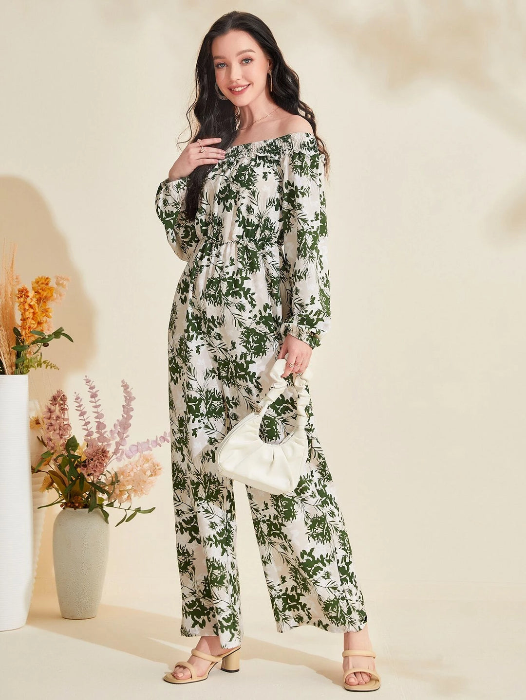 Floral Print Off Shoulder Lantern Sleeve Jumpsuit