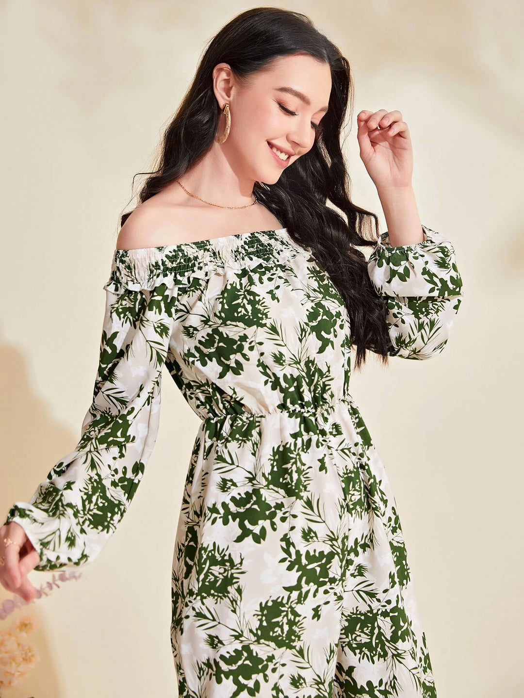 Floral Print Off Shoulder Lantern Sleeve Jumpsuit