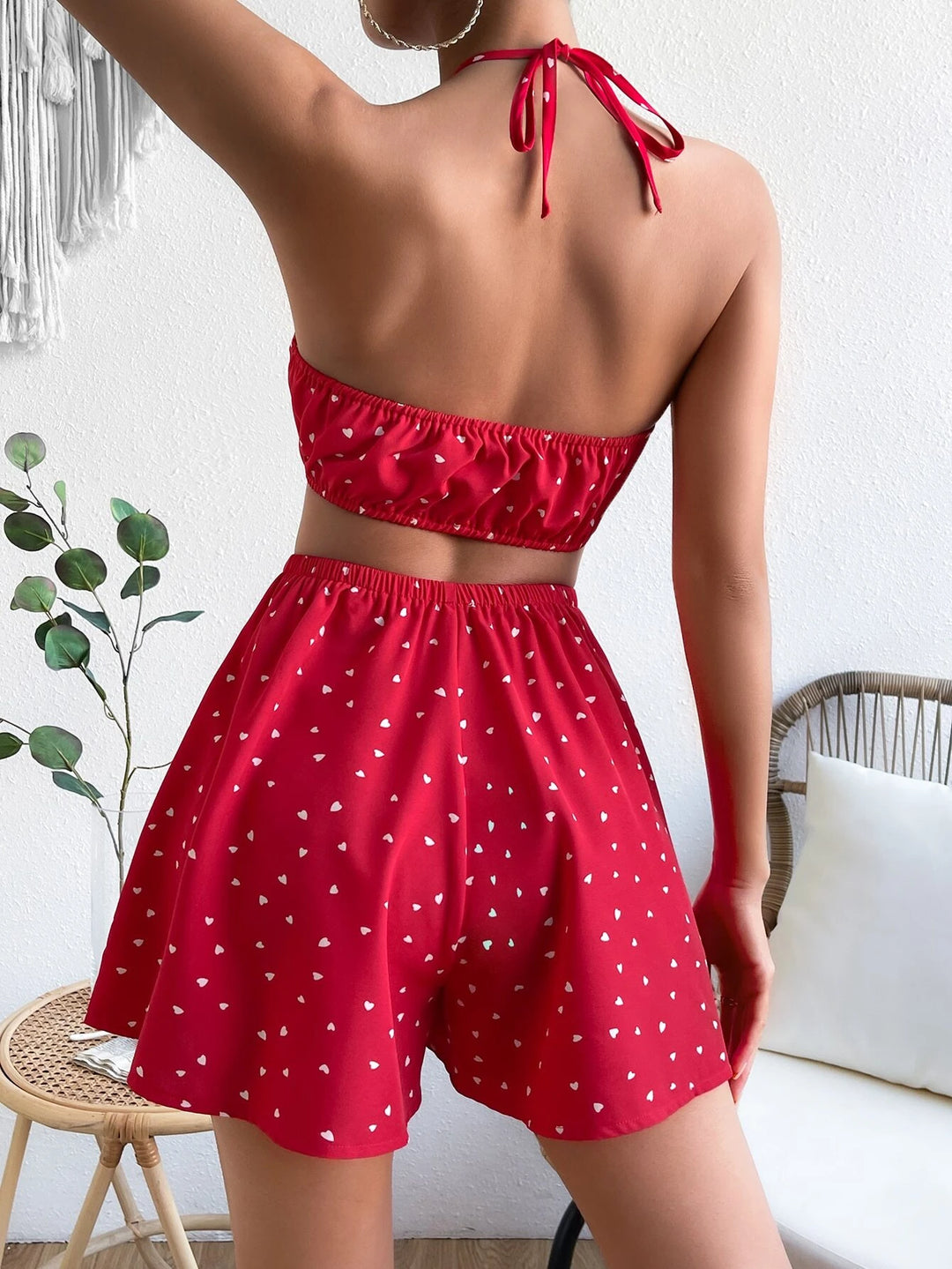 Printed Cut Out Tie Backless Romper