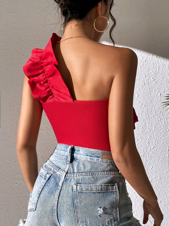 One Shoulder Ruffle Trim Bodysuit